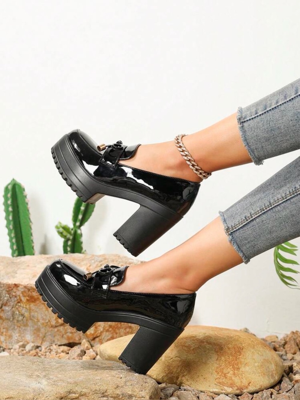 Platform Chunky Heel Loafer - Black Patent - Picture 7 of 7
